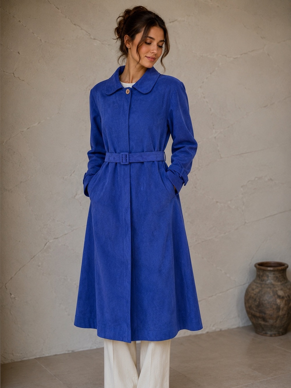 Vintage Adolph Schuman Lilli Ann Cobalt Blue Ultrasuede Trench Coat Mod Retro M